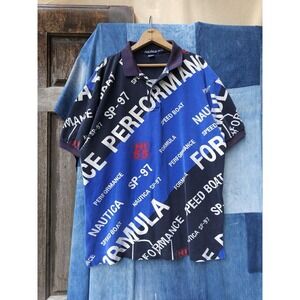 Vintage 90s Nautica SP-97 Speed Boat Polo Shirt AOP Blue XXL